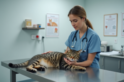 Vétérinaire examinant un chat fragile dans une clinique