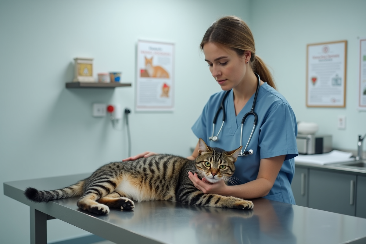 Vétérinaire examinant un chat fragile dans une clinique