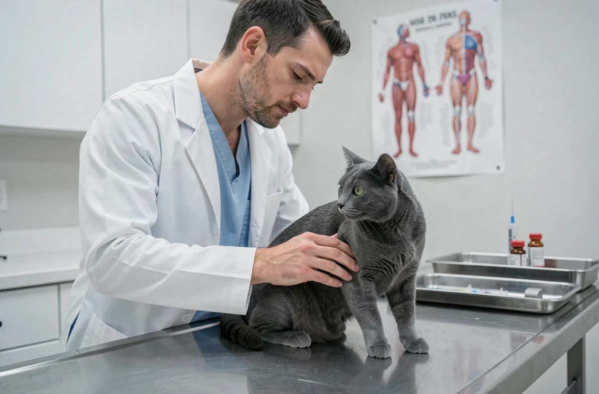 Vétérinaire examinant un chat gris sur une table d'examen dans une clinique vétérinaire