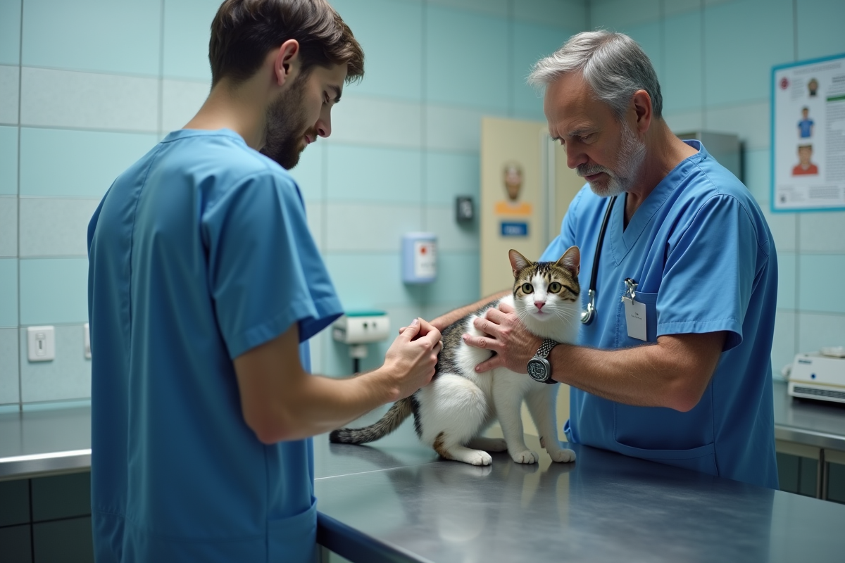 Vétérinaire examine un chat neutre en clinique vétérinaire