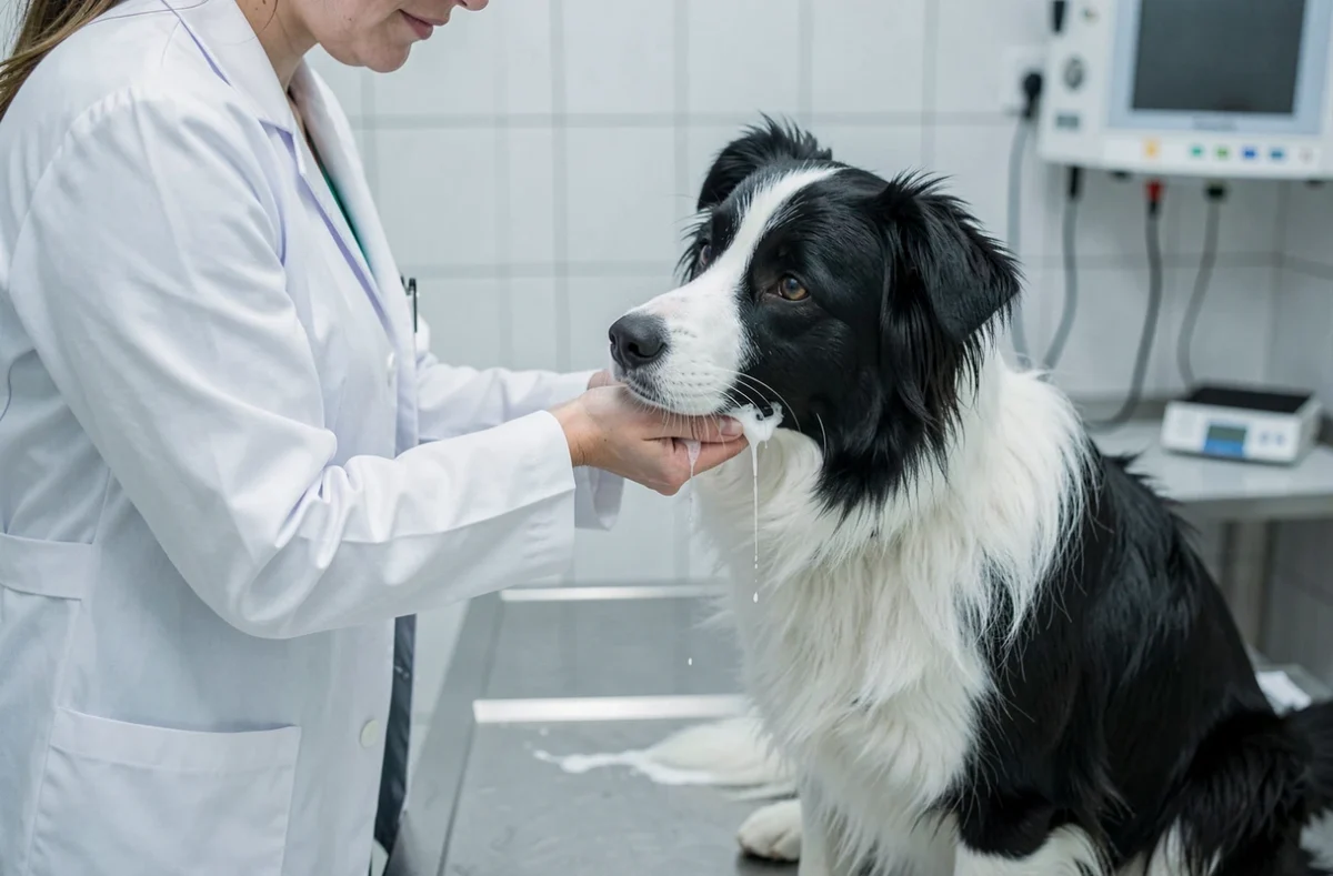 Vétérinaire examinant un border collie qui bave de la mousse blanche sur une table de consultation