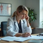 Vétérinaire femme fatiguée à son bureau de clinique, entourée de dossiers médicaux, illustrant la charge de travail et la qualité de vie dans la profession vétérinaire