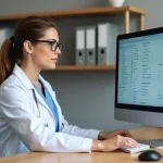 Vétérinaire paramétrant les protocoles dans le logiciel GmVet sur un ordinateur de bureau en clinique