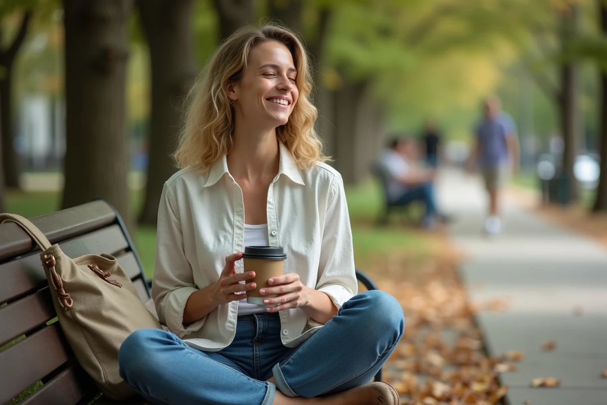 Vétérinaire en pause déjeuner dans un parc urbain, savourant un moment de repos bien mérité, illustrant l'importance de la qualité de vie dans les métiers de la santé animale
