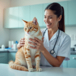Vétérinaire tenant un chat calme dans une clinique moderne