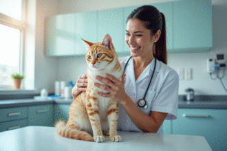Vétérinaire tenant un chat calme dans une clinique moderne