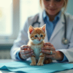 Vétérinaire examinant un chaton sur une table propre