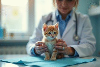 Vétérinaire examinant un chaton sur une table propre