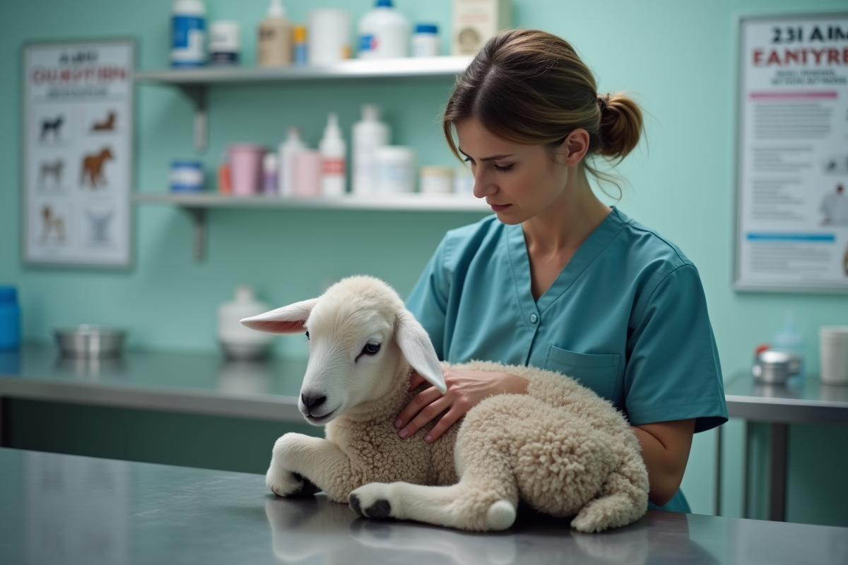 Vétérinaire réconforte un agneau dans une clinique