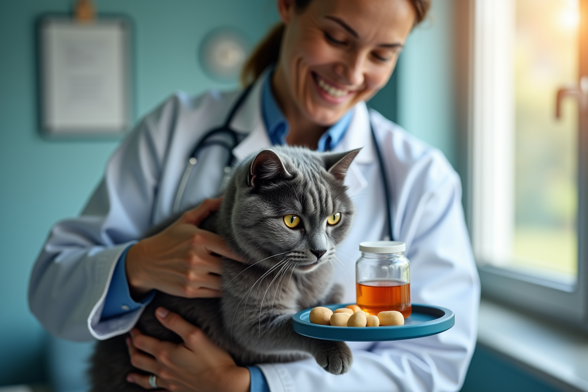 Vétérinaire tenant un chat gris avec des compléments vitaminés