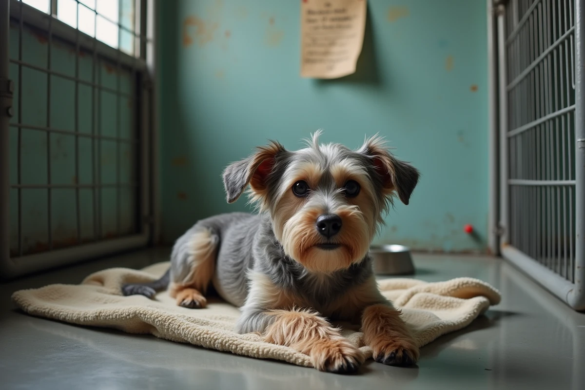 Vieux petit chien croisé gris et beige au repos dans un chenil de refuge animalier en Gironde, en attente d'adoption gratuite